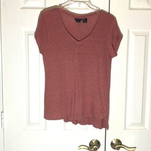 Tahari Deep Rose V-Neck Linen Tee Sz Lg